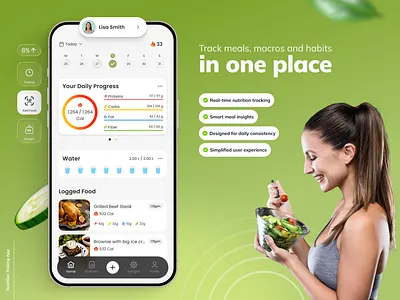Nutrition Tracking Dashboard UI – Health & Fitness Mobile Experi app dashboard clean ui dashboard ui design system fitness app health app health tech mobile dashboard mobile ui nutrition tracking product design saas design ui user experience user interface ux