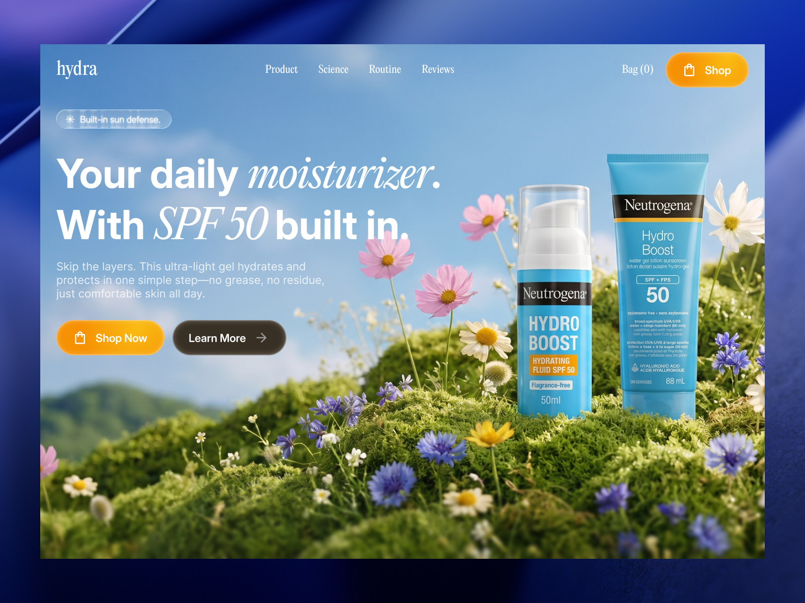 Hydra Moisturizer Landing Page Exploration with Framer & AI animation beauty cro ecommerce figma framer hero section landing page marketing page minimal moisturizer premium product design skincare sunscreen ui design website website design