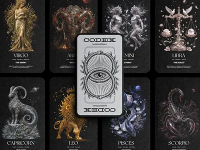 THE ZODIAC / CODEX by INDUSTRIA® ancient symbols brand identity branding branding agency card design creative direction dark aesthetic design studio editorial design illustration industria mystical design occult art poster design strology design symbolism tarot design typography zodiac zodiac signs