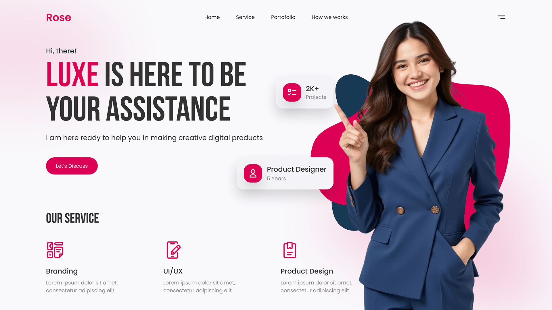 Rose Personal Portfolio Landing Page Hero Section branding creative portfolio designer portfolio hero section landing page ui modern website personal branding personal portfolio portfolio website product design typography ui design ux design web design website header