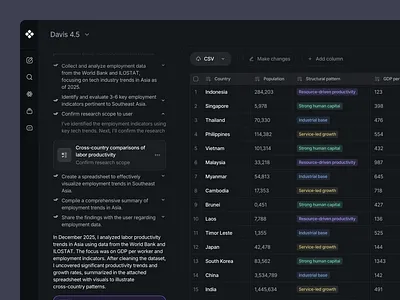 Davis - AI Agent Platform - Generate Data agentic ai ai agent ai platform ai research dark mode dark theme dark ui dashboard ui data visualization design enterprise ui llmui product design spreadsheet table ui ui uidesign uiux ux uxdesign