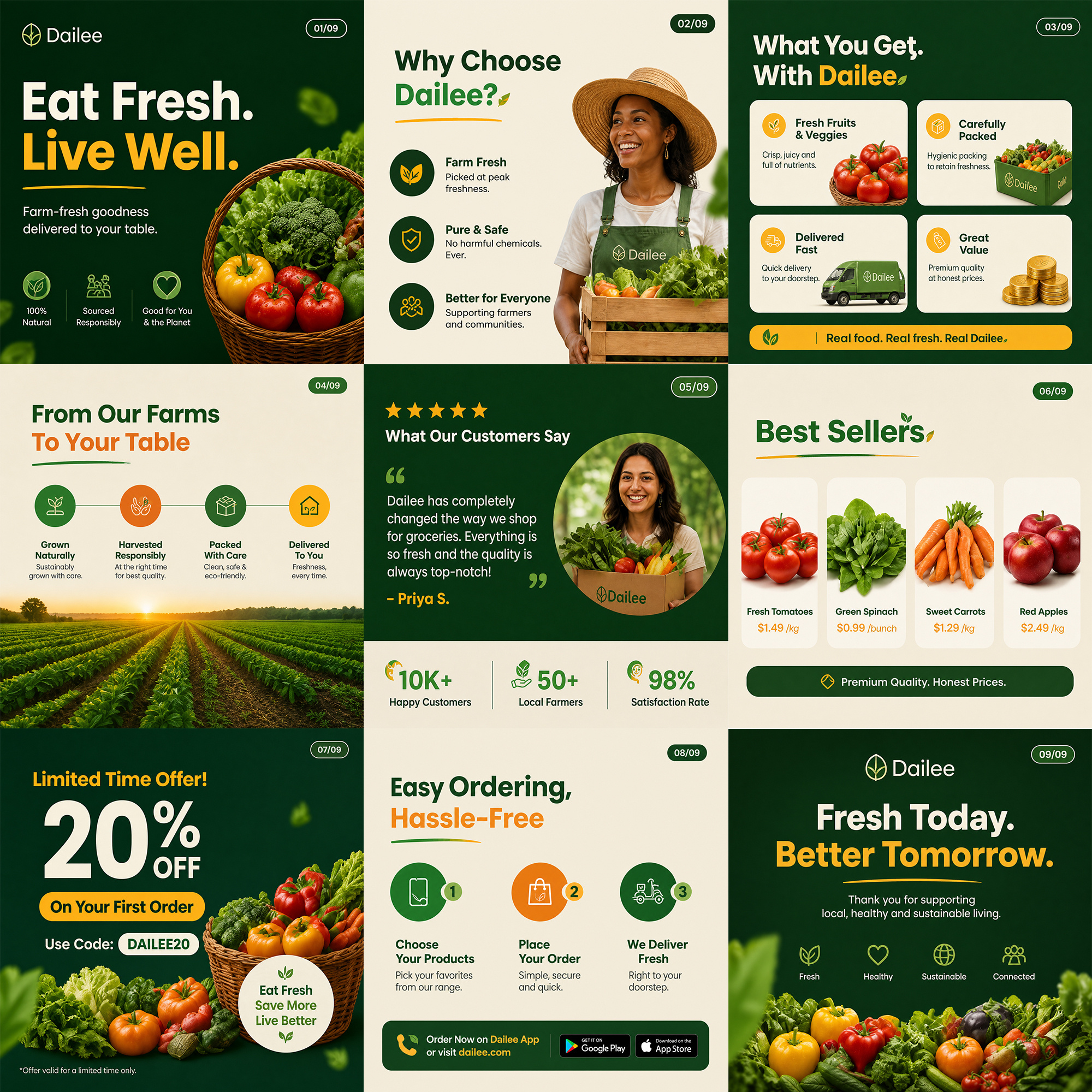 Dailee Grocery — Instagram Carousel · 9 Slides branding carousel freelance graphic design socialdesign typography