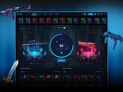 CS2 Skin Upgrade UI – Neon Dark Gaming Dashboard animation ui casino casino dashboard casino interface casino ui casino website counter strike counter strike 2 crypto casino cs2 csgo design gambling website game interface gaming platform gaming ui interactive ui online casino skin upgrade upgrade ui