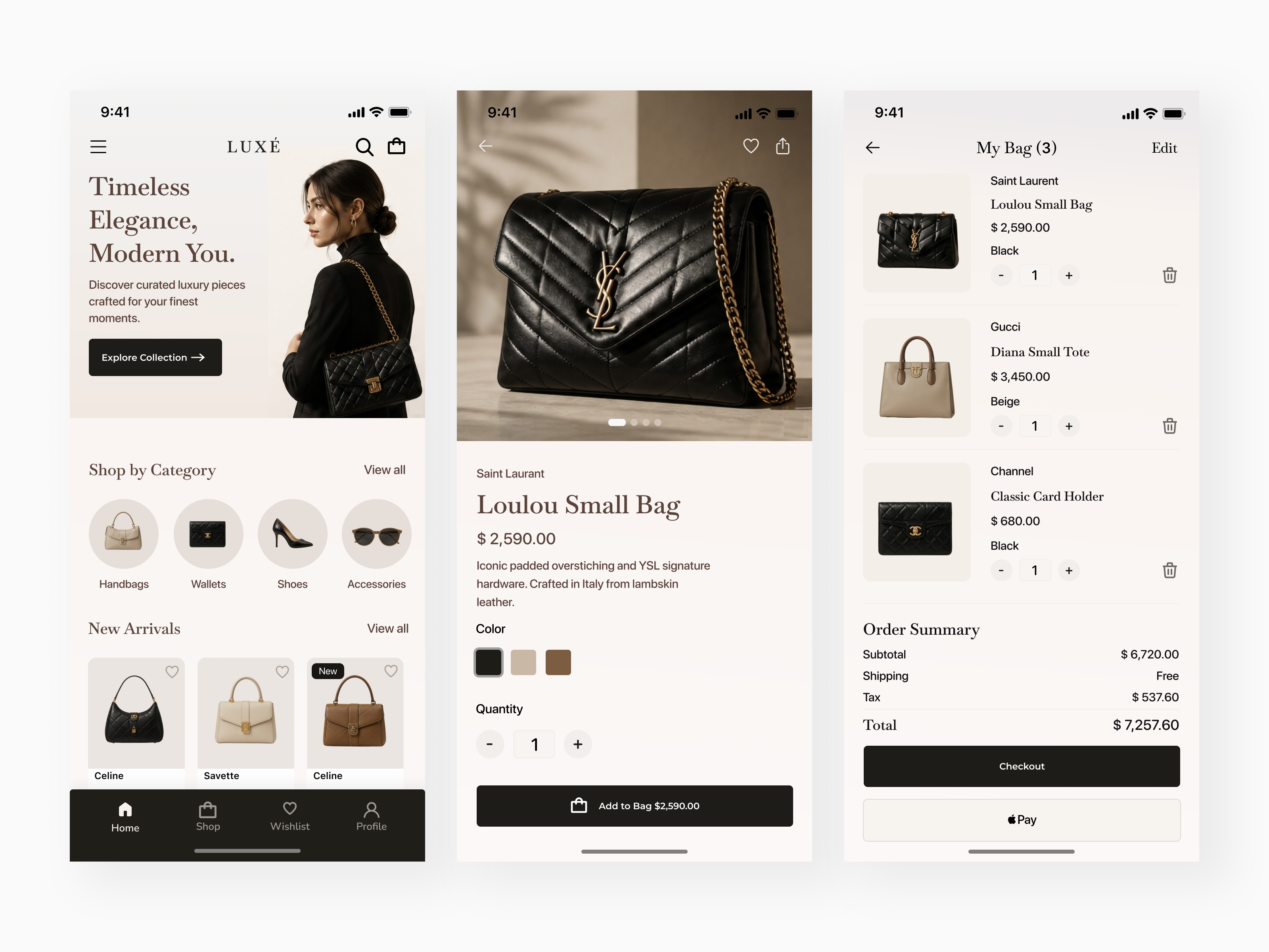 Luxury Fashion App — Minimal & Timeless Shopping Experience app design clean design dribbble ecommerce fashion app interface design luxury minimal mobile app modern ui product design shopping bag ui uiux ux ux design