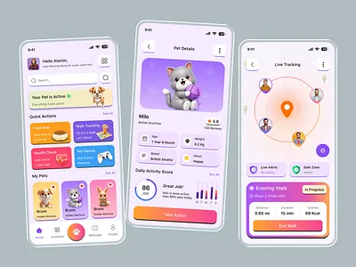 Pet Care Mobile App UI Design app design cat app colorful ui dog app figma design fitness tracking health monitoring mobile app ui modern ui pet activity pet app pet care pet care app pet dashboard pet health pet management pet tracking playful ui tracking app ux design
