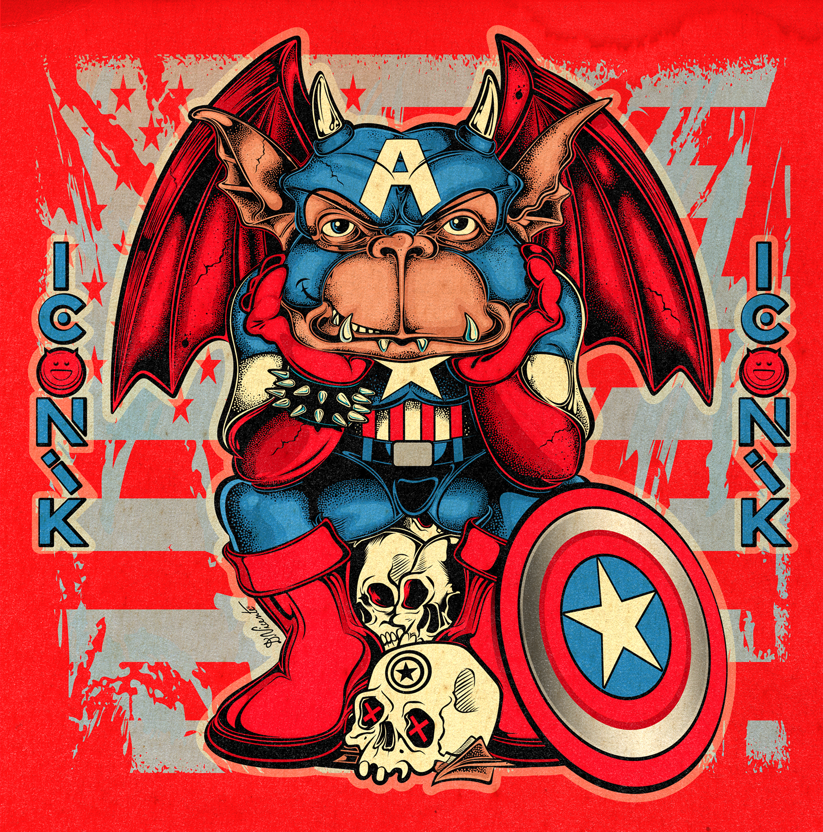 TEEN GARGOYLE #09 – CAPTAIN AMERICA VIBES captain america cartoon art character design color illustration comic art comic book art creature design david vicente digital art gargoyle illustration inking lowbrow art monster art patriotic art pop culture art retro style superhero art teenage gargoyle weird art