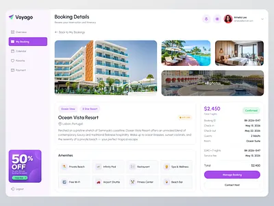 Voyago - Hotel Detail Page booking bookingdetails bookinghotel cleandesign design holiday hotel minimalis modern moderndesign overview payment resort travel ui uidesign uiux ux uxdesign website
