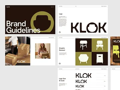 Klok: Sustainable Furniture Brand Guidelines brand book brand guidelines brand identity brand implementation branding corporate identity furniture graphic design interior design logo logo design logo guide marketing minimalist mockup style guide visual identity