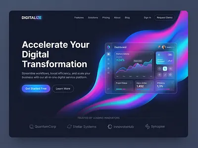 DIGITALIZE – All-in-One SaaS Platform UI Dashboard analytics dashboard b2b saas design call to action ui conversion focused ui dashboard design digital transformation platform digitalize enterprise software ui figma design landing page design modern web design product design saas dashboard ui saas platform software as a service startup landing page tech startup ui trusted by brands web design 2026 workflow automation