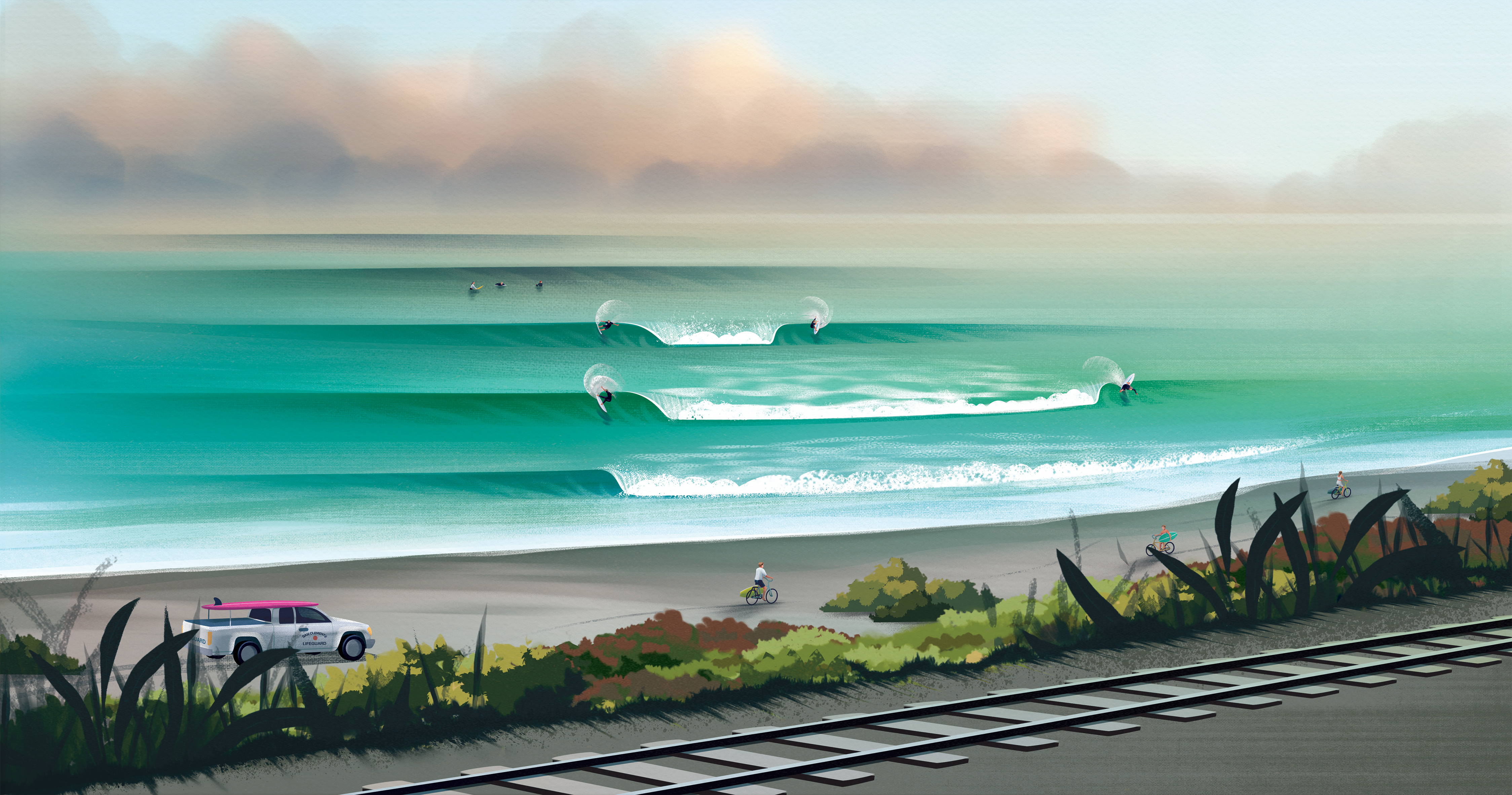Lowers, San Clemente, CA beach bicycle character clouds colorful grass illustration lifeguard lifestyle nature ocean people railway summer surfer surfing texture truck view wave