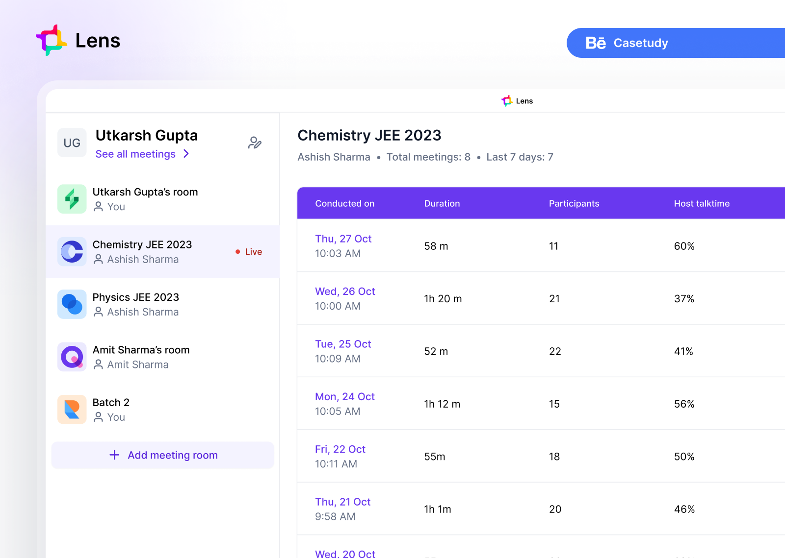 Lens analytics dashboard meeting product design ui website zoom