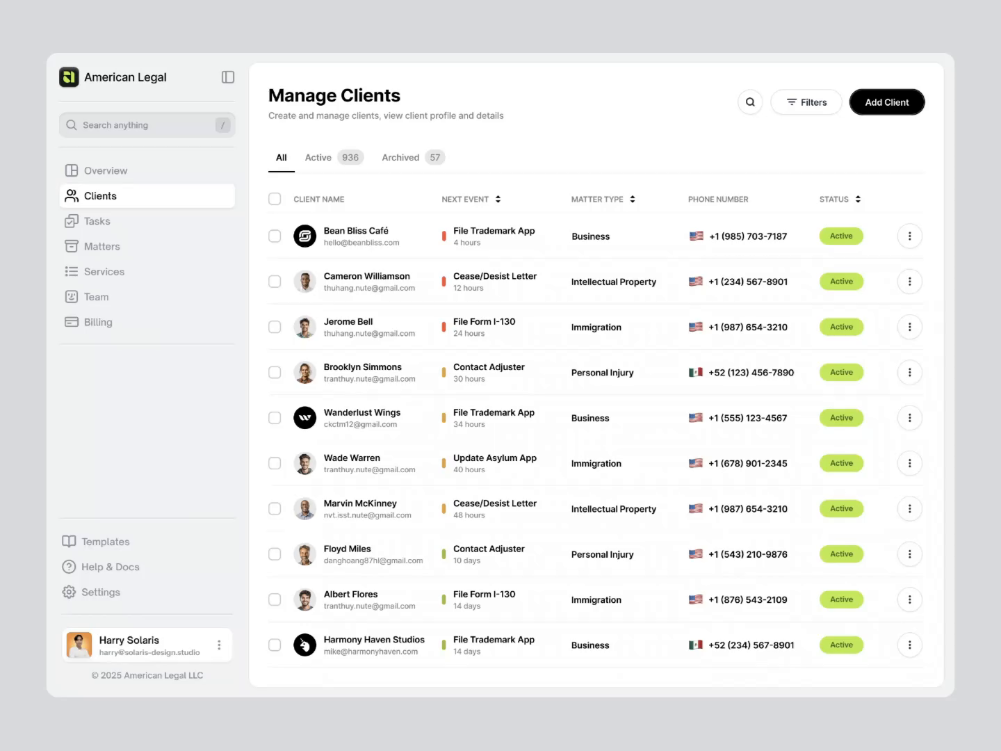 Example of American Legal - Client Management CRM Dashboard