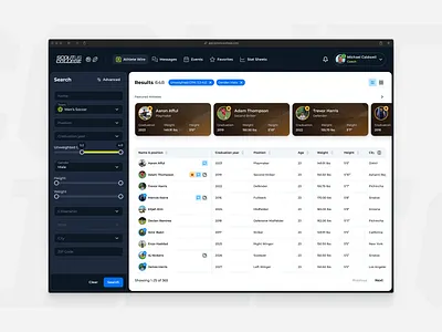 Advanced search advanced search analytics cards dashboard data figma football product design saas search soccer sport statistics table ui ux