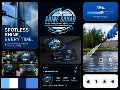 Shine Squad | Pressure Washing Brand Identity brandidentity branding businesscard cleaning dribbble graphic design logo logodesign minimalistlogo modernbranding pressurewashing shine squad typography vanwrap visualidentity