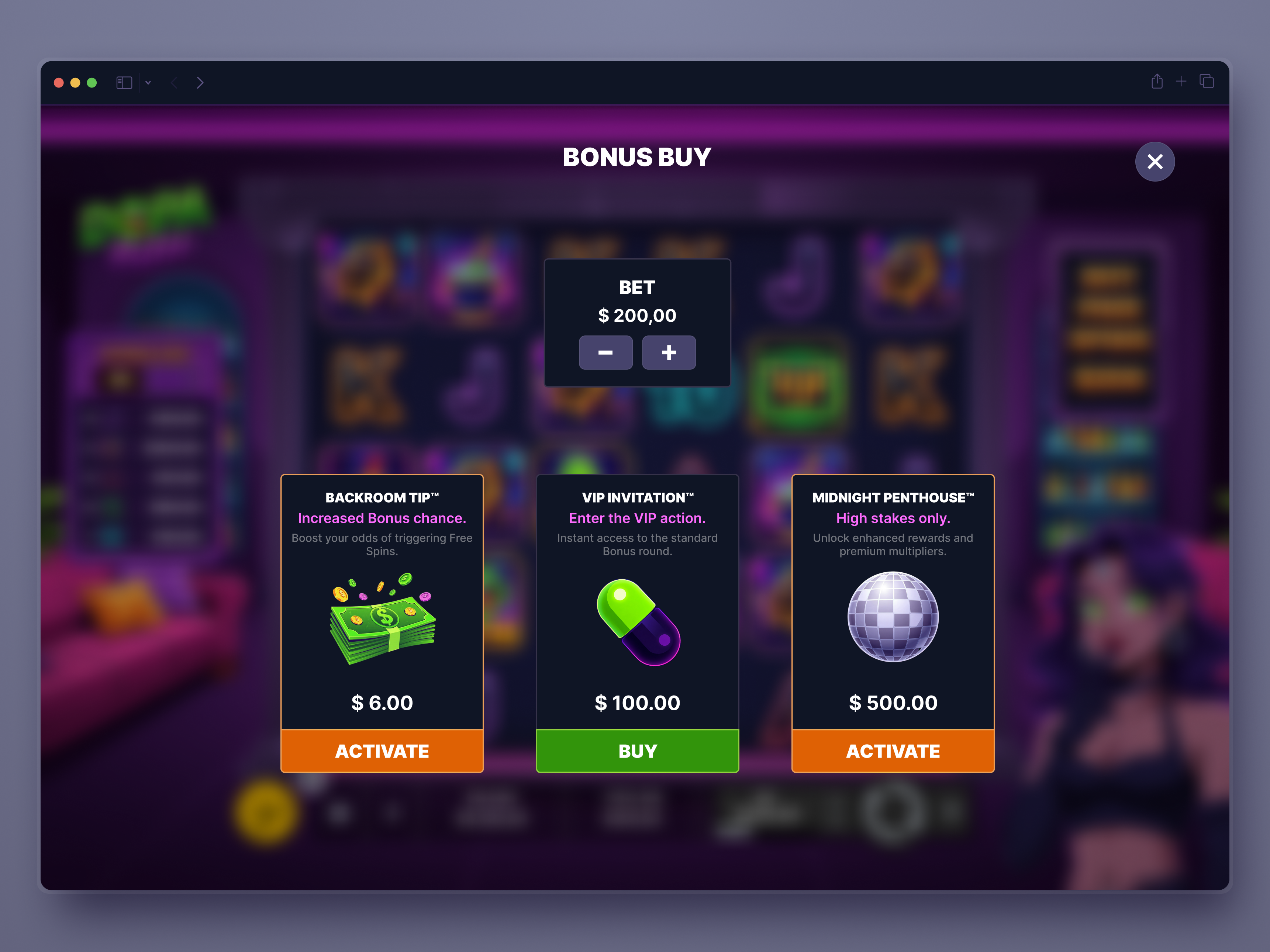 Slot Game Bonus Shop | DOPA Rush bonus buy casino casino game casino ui dark interface gambling game ui gaming interface product design slot game ui design ux design