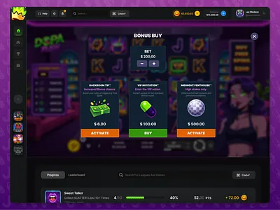 Slot Game Bonus Shop | DOPA Rush bonus buy casino casino game casino ui dark interface gambling game ui gaming interface product design slot game ui design ux design