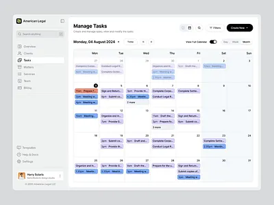 American Legal - Law Firm Task Manager CRM Dashboard calendar crm dashboard law firm legal light theme lightmode task manager ui ux