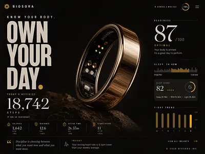 Health Tracker Dashboard Premium Dark UI 3d render analytics dark mode dashboard data visualization editorial fitness app health tracker landing page luxury premium product design smart ring statistics typography ui ui elements ux wearable web design