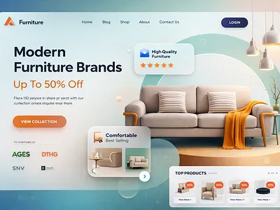 Modern Furniture E-commerce Hero Section Clean UI Landing Page 3d branding design dribbble ecommerce figma design furniture glassmorphism hero section illustration interface landing page minimal design modern ui product design ui ui design ui ux ux design web design