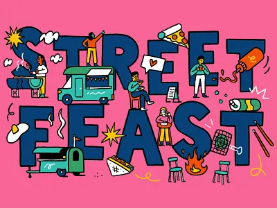 Street Feast 🍕 adobe blue doodle food foodillustration foodtruck illustration lettering muti photoshop pink summer