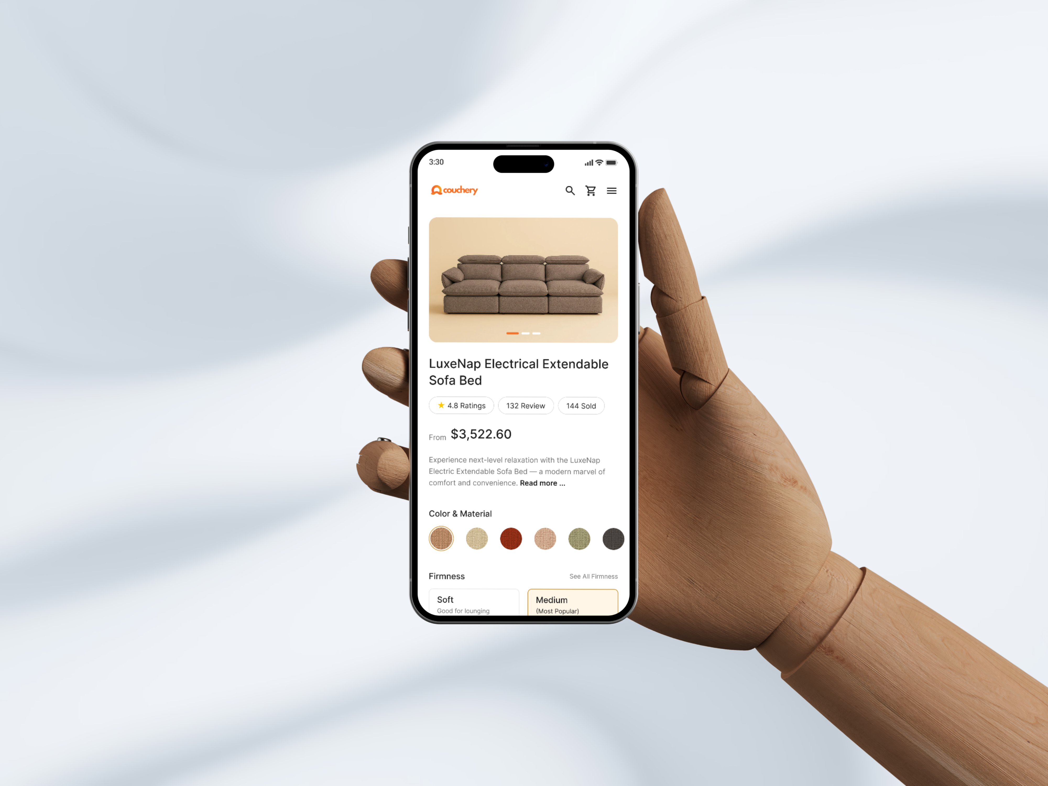 Couchery - Mobile View Redesign add to cart coklat color crm ecommerce furniture hand landing page mobile mobile view price redesign review saas shop shopify sofa star table touch