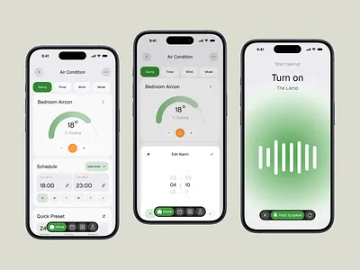 Smart Home iOS App Exploration ai apartment app chart clean controls design fireart green home manage navigation setup smart timer ui ux