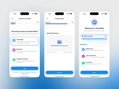 Ai job finder app design Onbording Flow ai app ai job finder ai powered job finder app b2b clean app job app job finder job hunter job portal job search job website modern app onboard onbording onbording screen web web app
