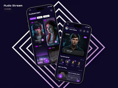 Audio Streaming Mobile App UI UX Design app ui design audio streaming app creator platform design dark mode app dark ui design entertainment app ui figma mobile app futuristic ui live streaming app mobile app ui mobile app ux music app design neon ui social app design streaming app design