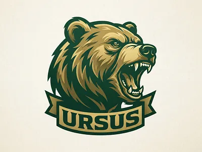 Aggressive Ursus Grizzly Mascot aggressive animal athlete badge banner bear competition fierce fur green grizzly gym mascot muscle predator roar sports strength ursus wilderness