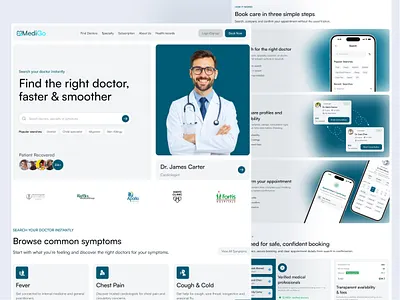 Healthcare Doctor Booking Website UI Design appointment booking clean ui doctor app doctor booking figma design healthcare healthcare platform landing page medical medical website modern ui product design saas design subscription page telemedicine ui ui design ux design web design website design