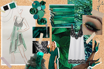 Emerald silk night dress with black lace details illustration