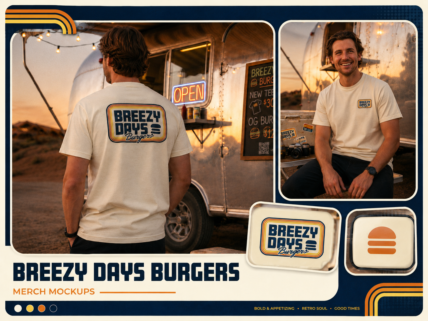 Breezy Days Burgers, Retro Merch Design System apparel design badge logo brand identity brand system burger brand burger shop food branding hospitality branding logo design merch design merch mockup outdoor branding packaging design patch design restaurant branding retro branding signage design t shirt design vintage inspired visual identity