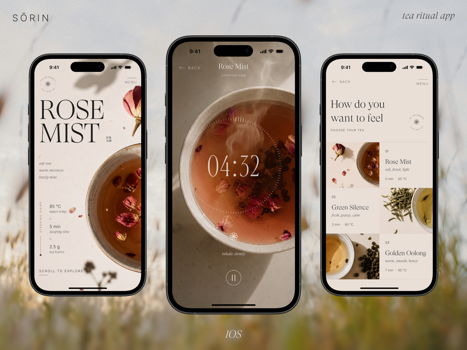 🍃 SŌRIN — Tea Ritual App appdesign atmosphere branding bush roses editorialdesign flowers herbaltea herbs iosapp logo luxuryui minimalui mobileapp tea teaapp tearitual teastore uidesign uiux wellnessapp