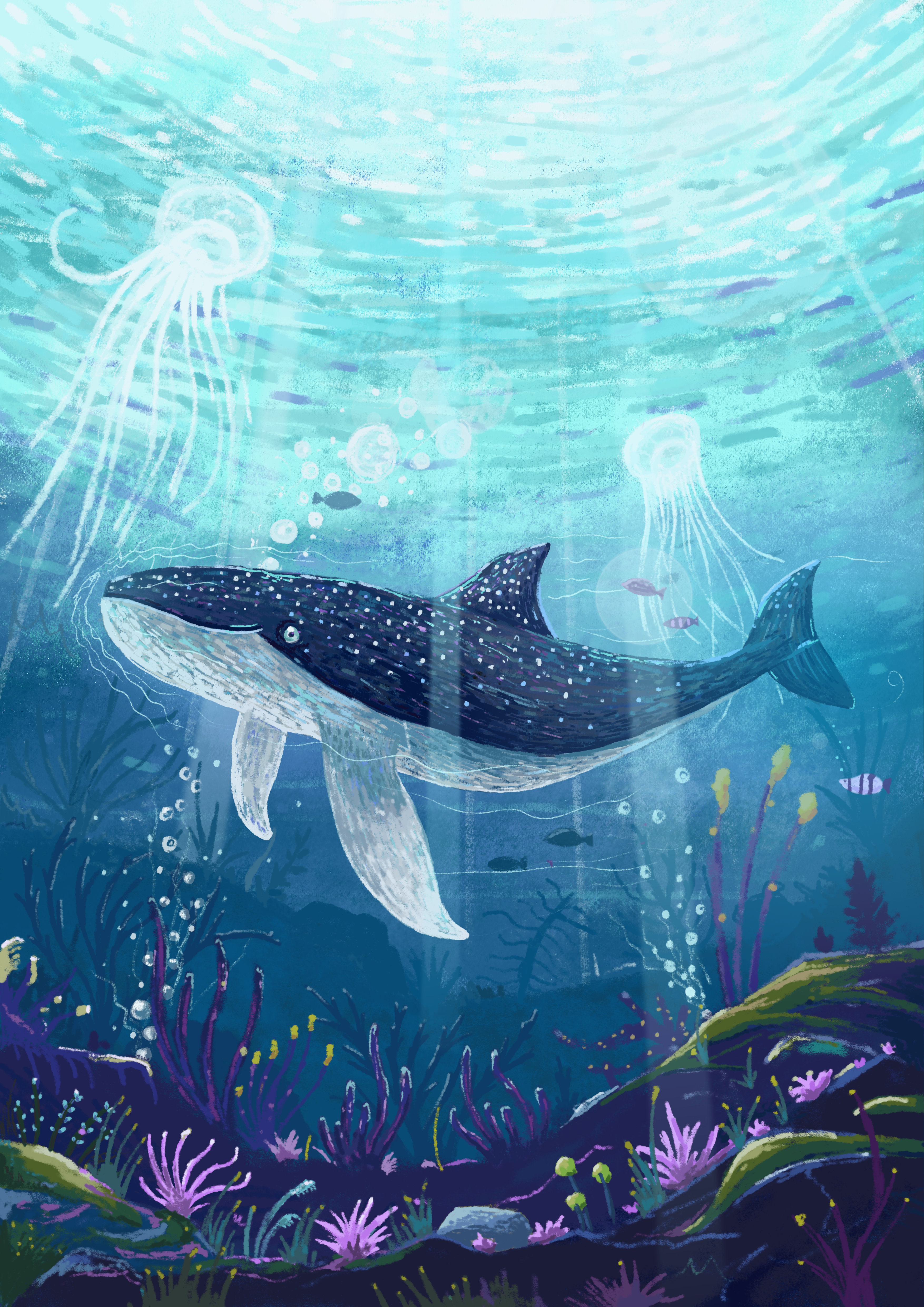 Whale of a Time afinity blue bold bubbles deep fish graphic design jellyfish ocean painting plants sea shine water whale