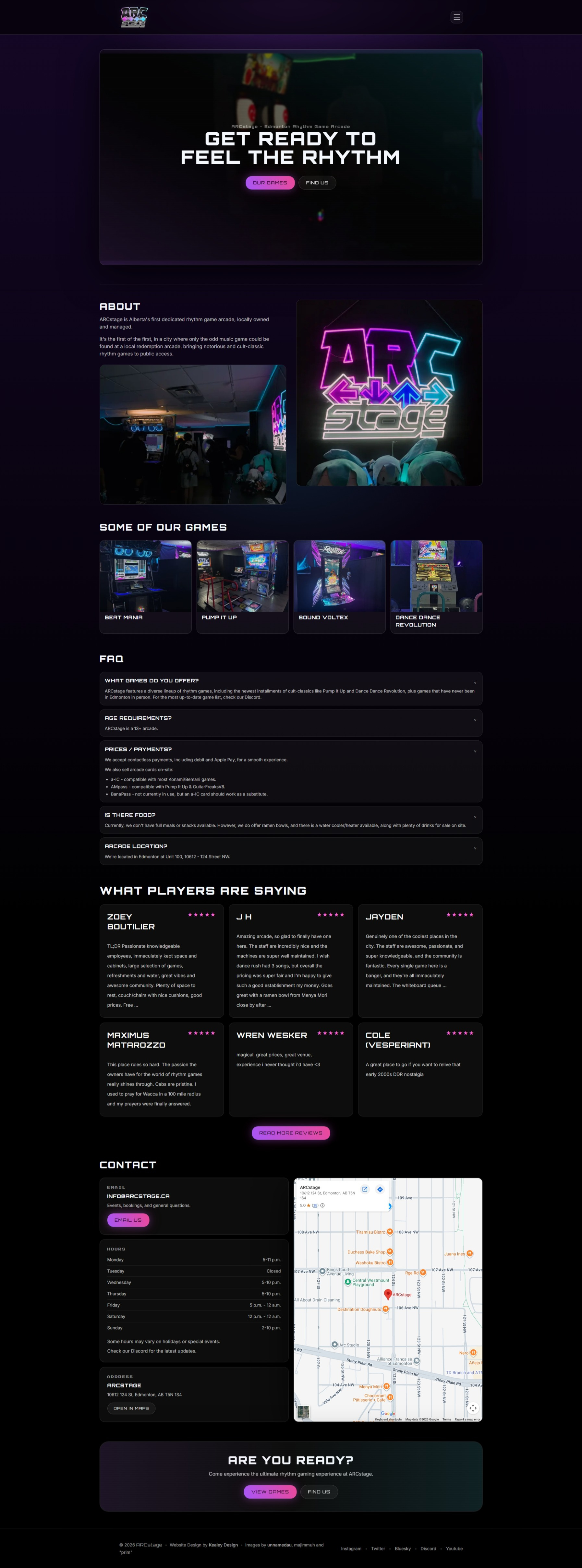 ARCstage – Neon Rhythm Game Arcade Website animation branding design typography ui ux