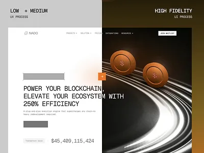 Nado - Web3 - UX Highlight Homepage 3d ui blockchain ui crypto platform dark mode dark theme dark ui design grid layout high fidelity low fidelity ui uidesign uiux ux ux highlight uxdesign web3 web3 design web3 website wire frame