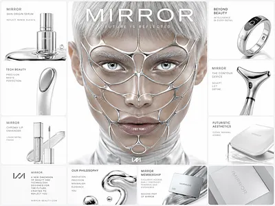 Beauty Brand Identity – Futuristic Chrome Concept 3d art direction beauty brand identity branding chrome cosmetics futuristic grid layout metallic minimalist moodboard packaging product design silver skincare tech typography wearable