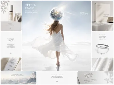 Brand Identity for Terra Nova Sustainable Luxury brand identity branding clean design system ethereal high end identity jewelry layout logo design luxury minimalist moodboard nature packaging product design skincare sustainability typography visual identity