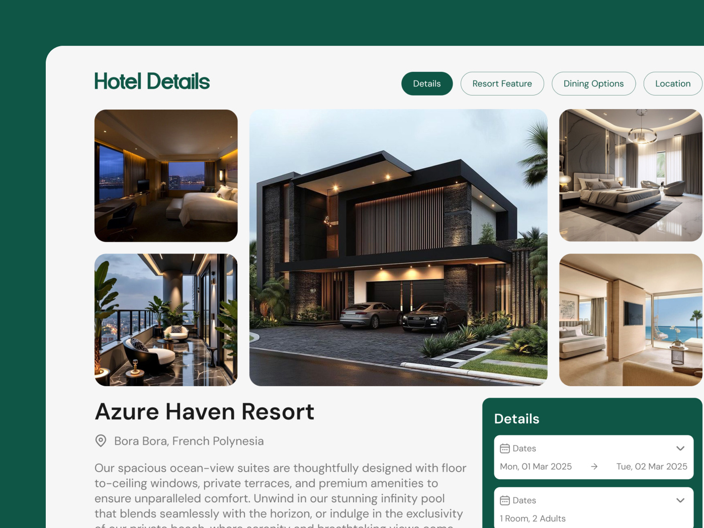 Hotel Details Page UI – Resort Booking Web Design | Figma animation booking system branding dashboard design hotel booking hotel details landing page logo product design resort ui saas design travel website ui ui design ui ux ux ux design ux research web app web design
