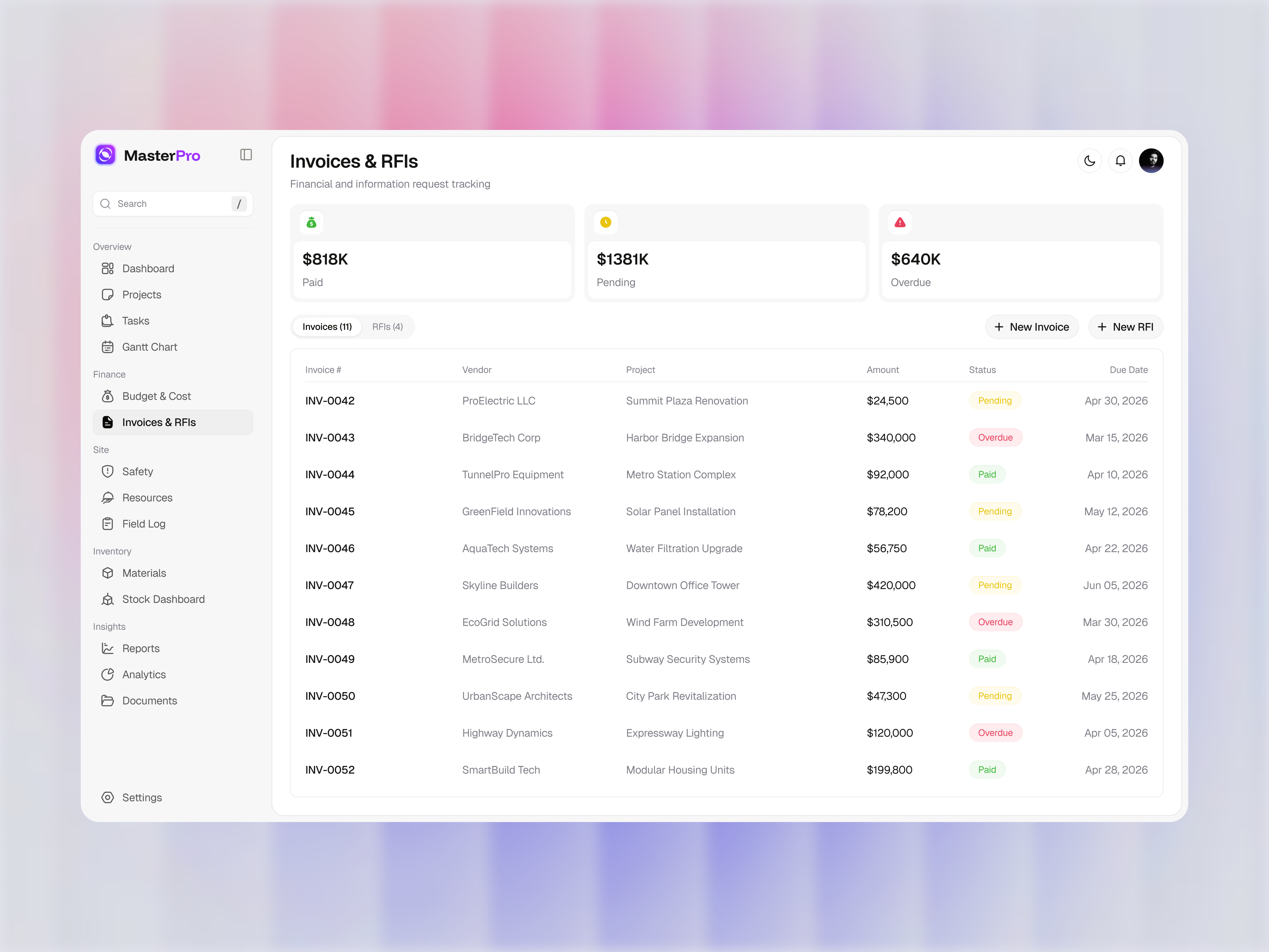 Construction Management Dashboard ai construction management dashboard design interface product saas service startup ui ux web web app