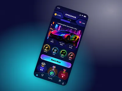 SpeedHub – Neon Car Racing Mobile UI car racing app concept app design cyberpunk ui dark mode design figma design futuristic dashboard futuristic ui gaming app design gaming dashboard interactive ui lamborghini ui mobile app inspiration mobile ui design modern gaming ui neon dashboard racing game interface racing ui speedometer ui supercar app ui ux design