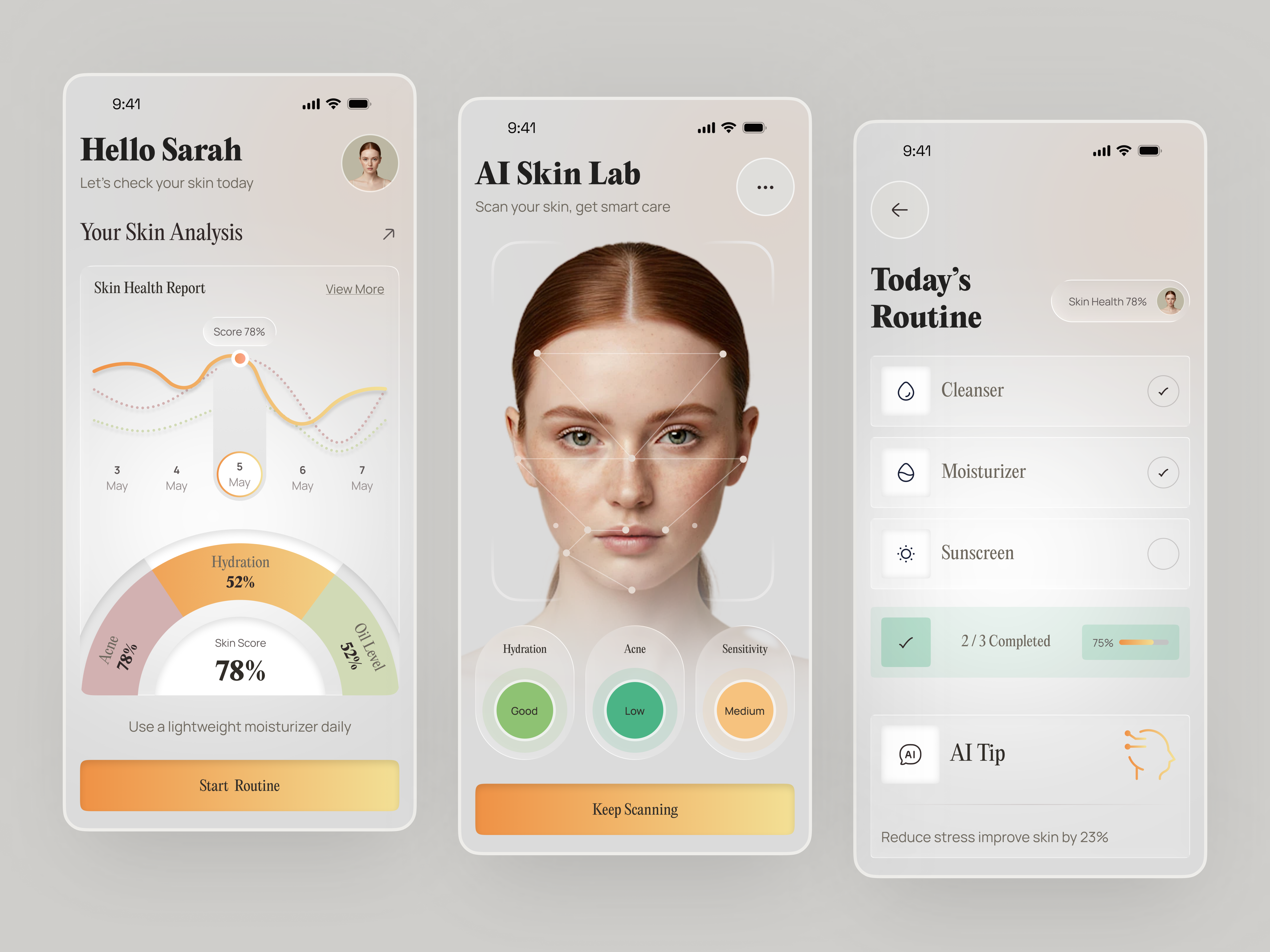 AI Skincare Mobile App ai ai skincare app app design beauty beauty app face analysis glassmorphism health app healthcare mobile app mobile ui product design saas design skin analysis skincare app uiux user interface web