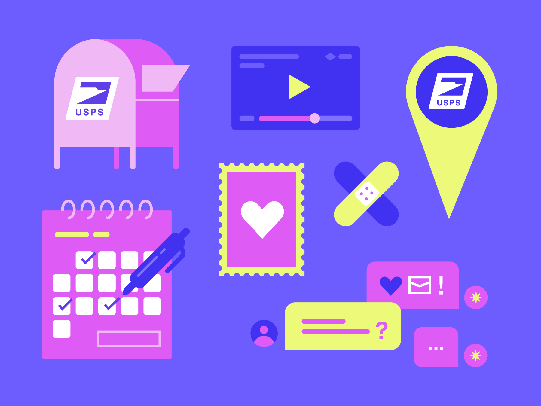 Postal Fix bold geometric bright colors calendar clean ui contemporary flat design flat vector icon set iconography mail postage stamp productivity purple usps vector art vibrant