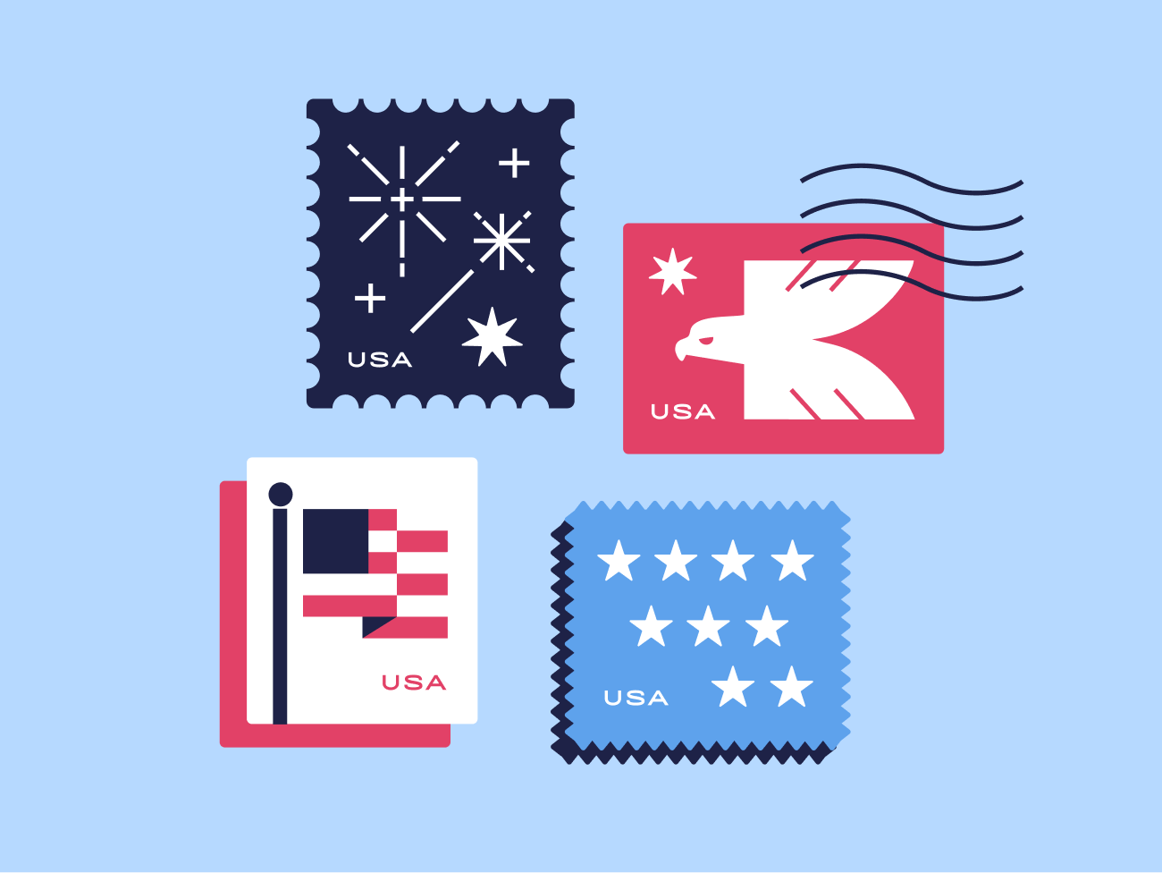 Stars & Stripes america american flag eagle fireworks flat design geometric graphic design icon illustration july 4th mail minimal patriotic postage postmark red white and blue stamp stars usa vector