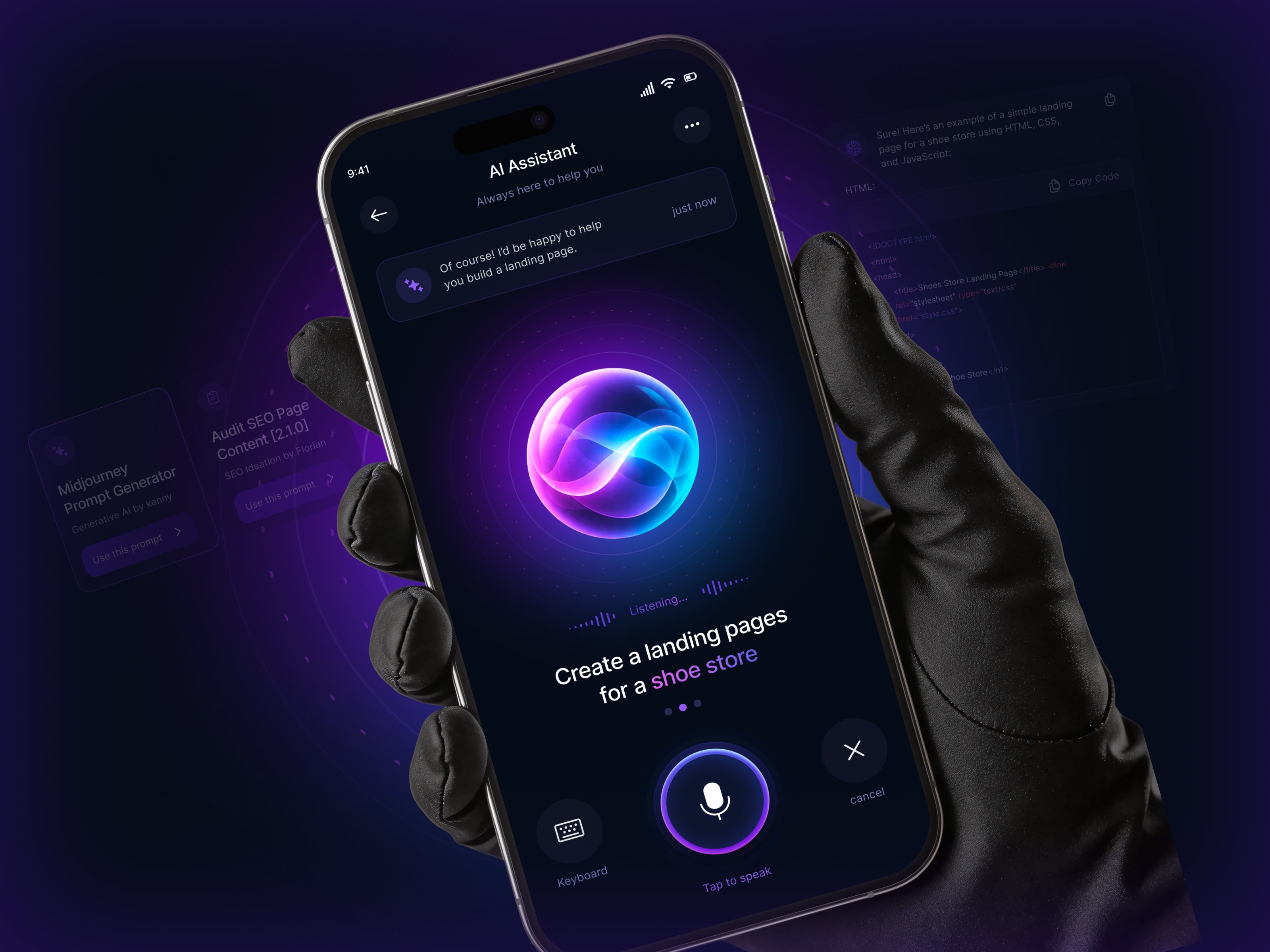 AI Voice Assistant Mobile App ai ai app ai assistant app design creative design dark ui figma future ui interaction design mobile app mobile ui saas design tech ui ui design ui ux ux design voice assistant
