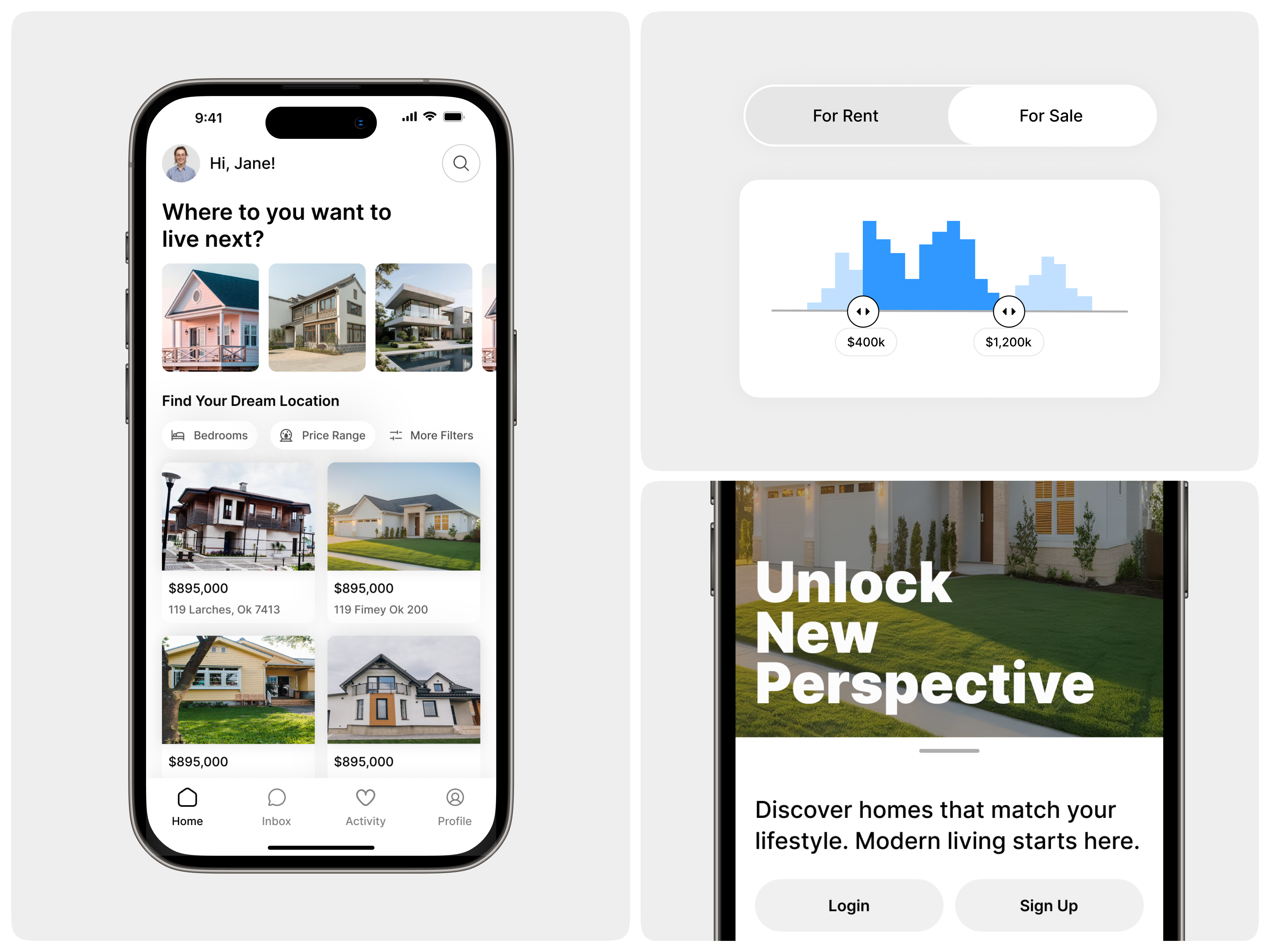 Smart Property Finder App authentication screen branding feed screen find your home home comparison home finder app home search home value estimator house hunting house listing app house tour scheduling mortgage calculator property app property finder property listing property search app real estate real estate app real estate feed real estate marketplace