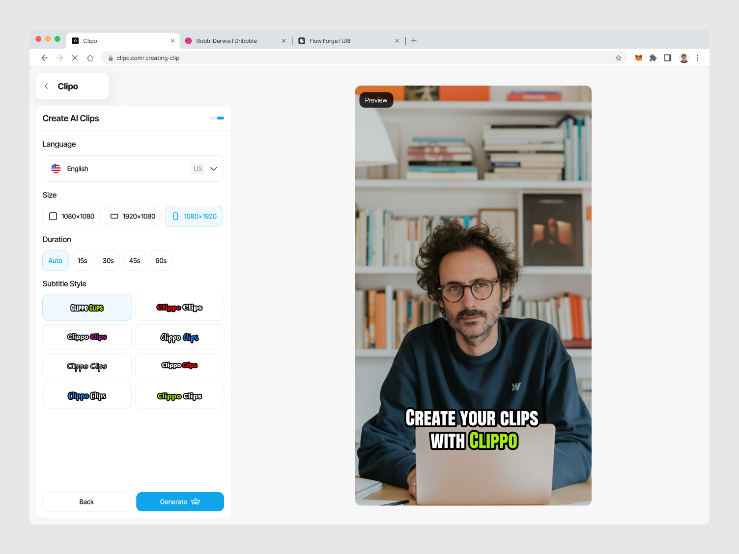 Clipo - AI for Video Editor Webapp (Creating Clip Flow) ai avatar ai generate ai platform ai voice generator clip generator dashboard generate voice over landing page photo editor redesign responsive design saas script to video sound editor ui design video editing video editor video generate voice over webapp