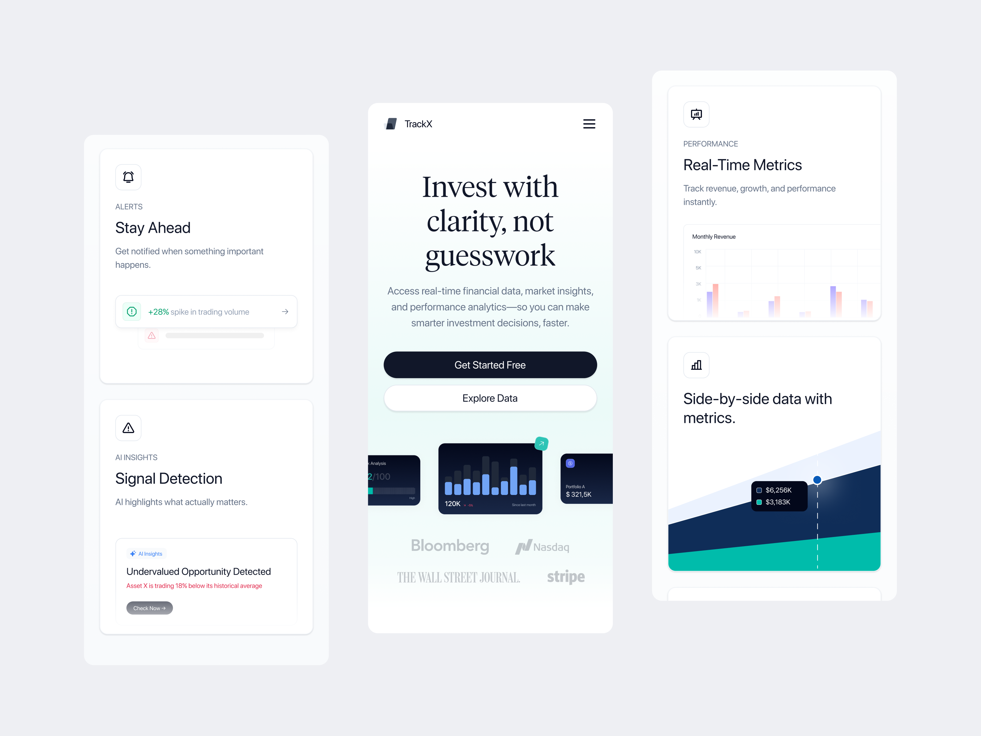 TrackX - AI Powered Investment Landing Page Mobile Responsive b2b clean finance landing page framer investment landing page minimalist mobile breakpoints mobile responsive modern saas startup ui design webflow webflow design websdesign website