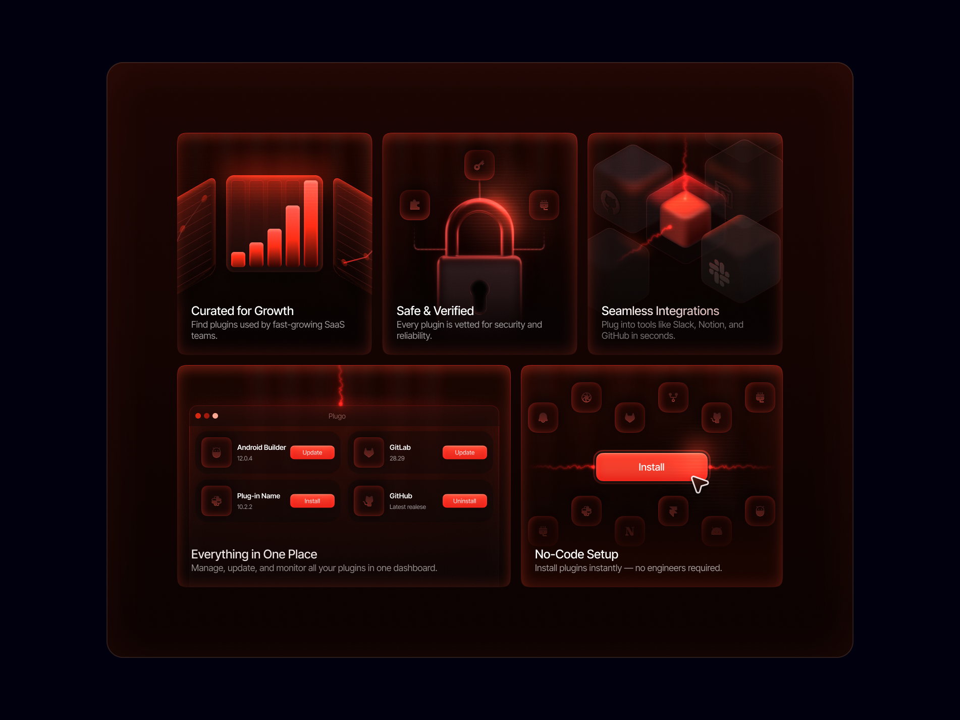 Red dark bento grid UI illustrations bento framer illustration landing page saas ui ux web design