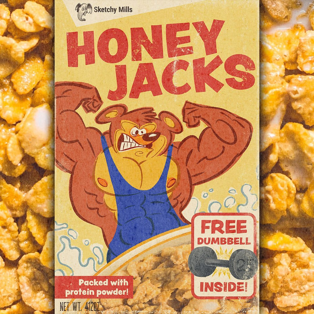 Cereal Box Art bear breakfastcereal cereal cerealbox cerealboxart flakes illustation muscles packagingdesign parody proteinpowder retroart vintageboxart